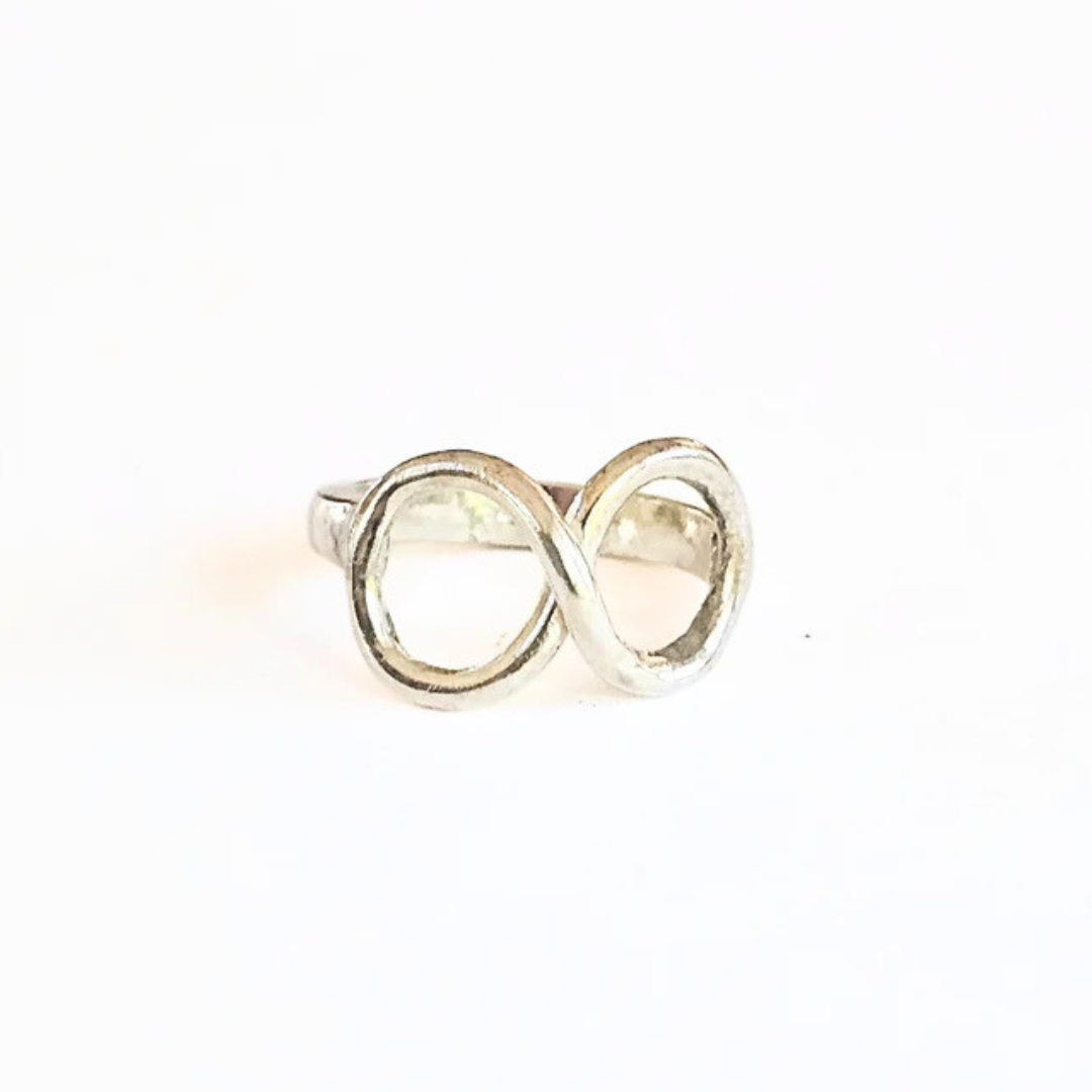 A sterling silver infinity symbol ring on a white background.