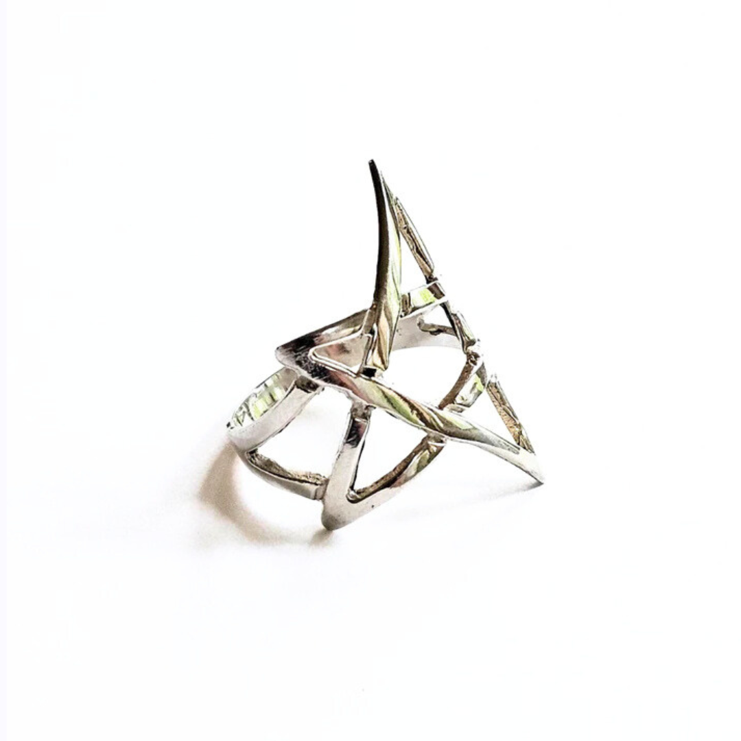 A sterling silver pentagram ring with a textured band and a shiny, geometric star design on a white background.