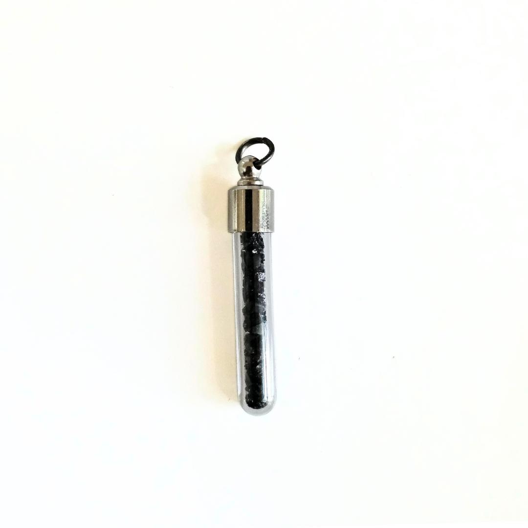 Black Tourmaline Chips Glass Vial Pendant – Grounding, Protection & Energy Shielding