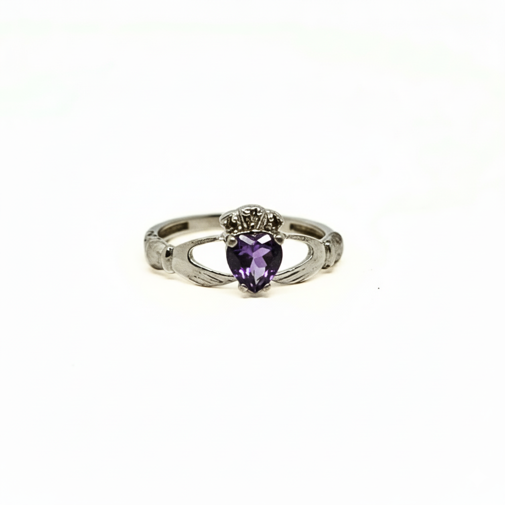 Amethyst/White Topaz Claddagh Ring - Sz 9 - Love and Spirituality