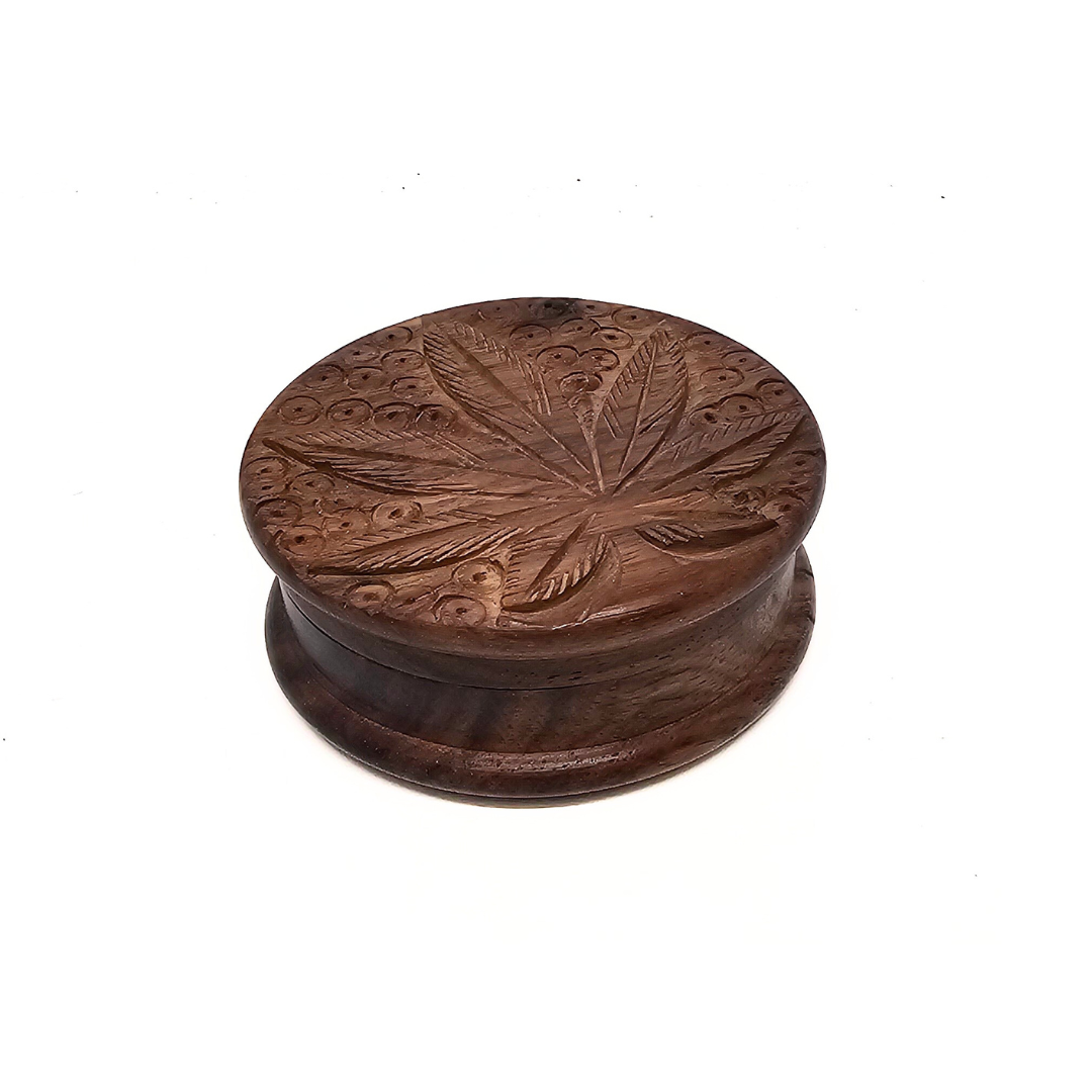 Carved Marijuana Leaf Wooden Herb Grinder – 3"
