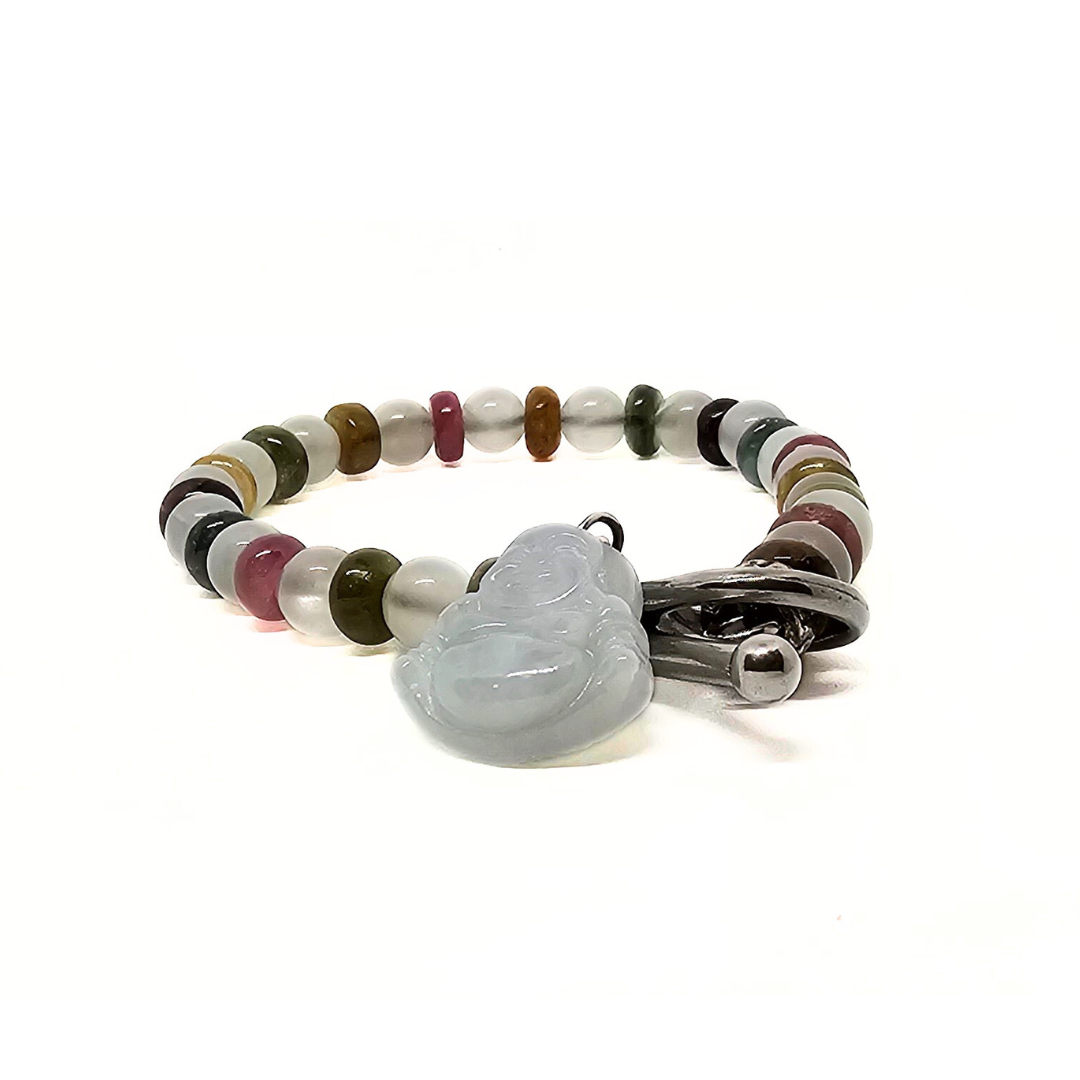 Mixed Tourmaline & Cat’s Eye Quartz Bracelet with Jade Buddha Charm – Protection • Balance • Insight • Prosperity