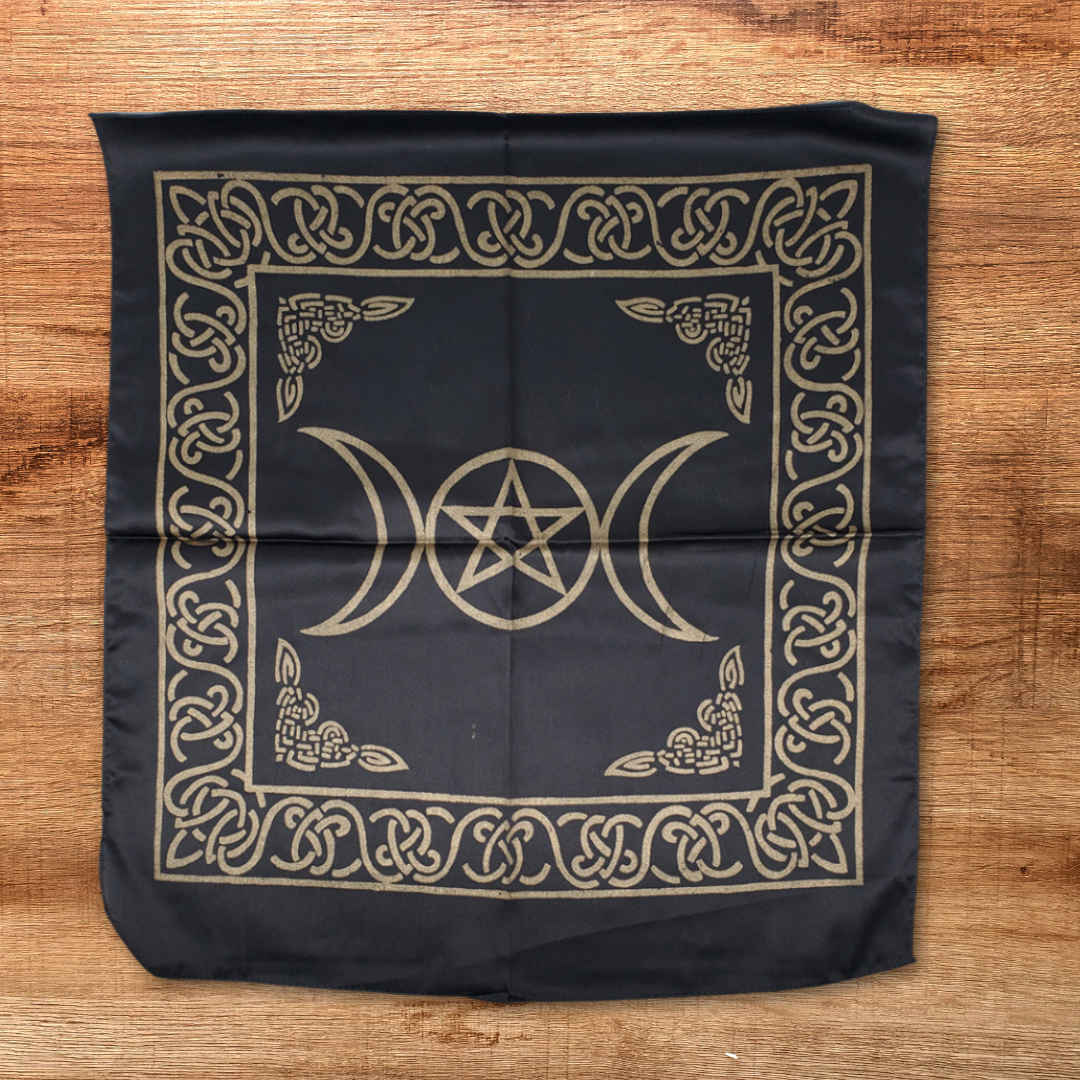 Triple Moon with Pentagram Altar Cloth – Black & Gold (21x21")