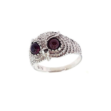 Garnet Sterling Silver Owl Ring - Size 9
