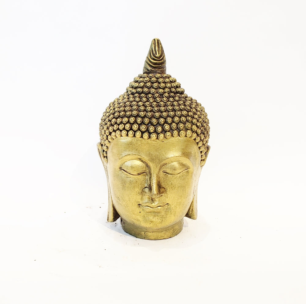 A gold-colored Thai Buddha bust statue, with a detailed and serene expression, suitable for meditation and reflection.