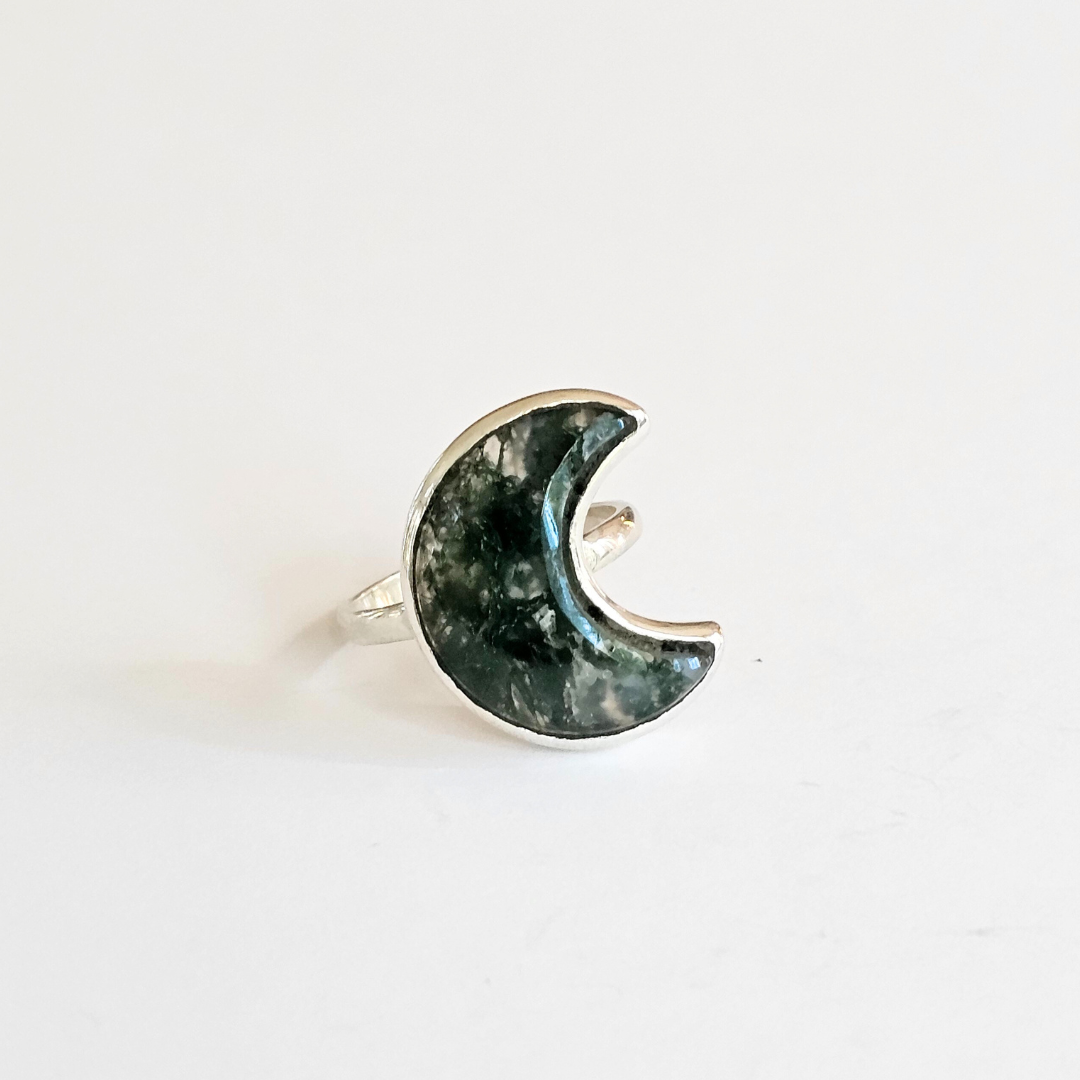 Moss Agate Crescent Moon Ring - Sz 8