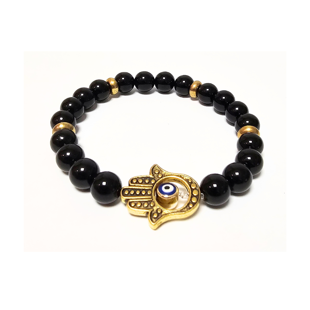 Black Tourmaline Bracelet with Gold Hamsa Charm – Protection, Strength & Grounding for the Winter Season