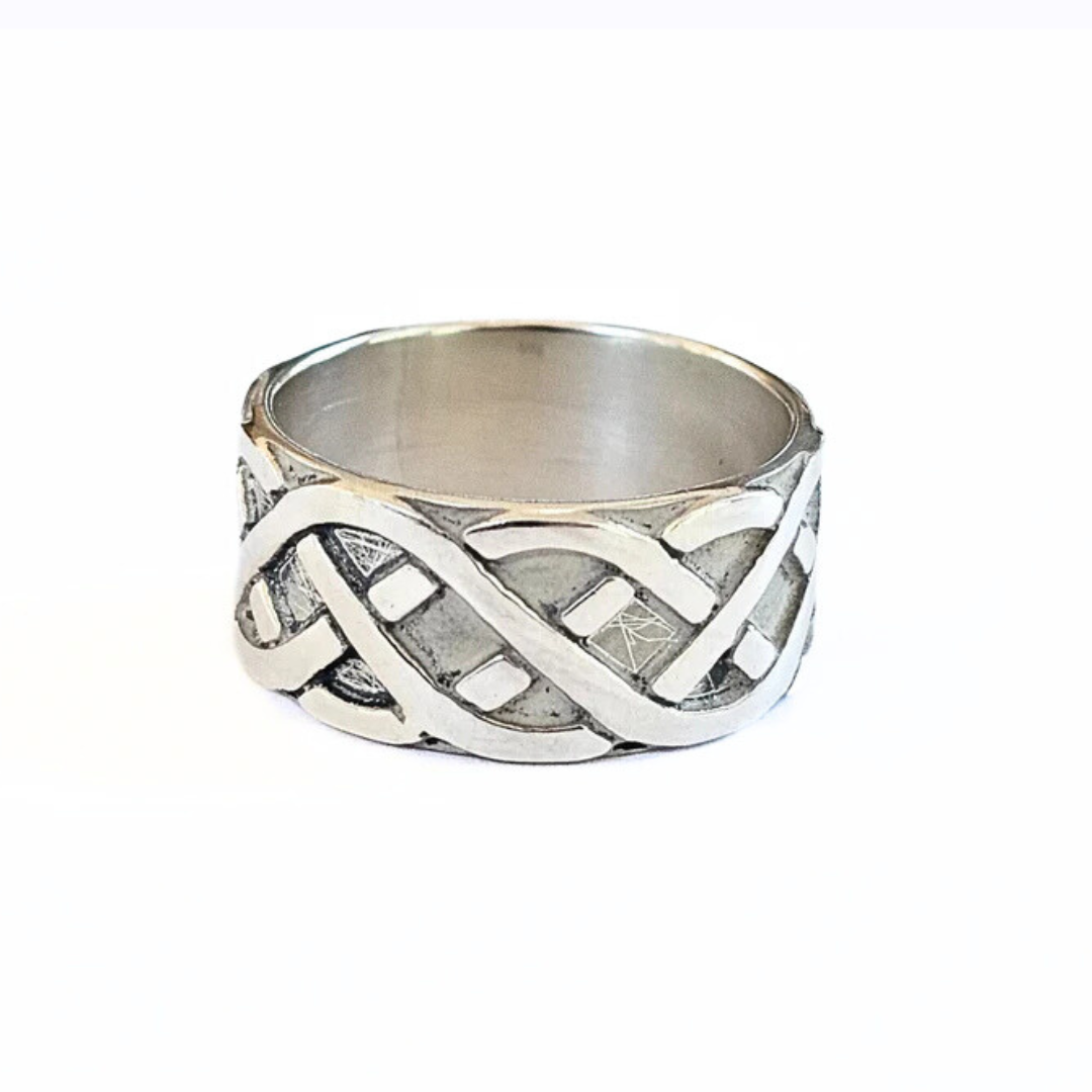 A silver sterling ring featuring an intricate Celtic knot design.