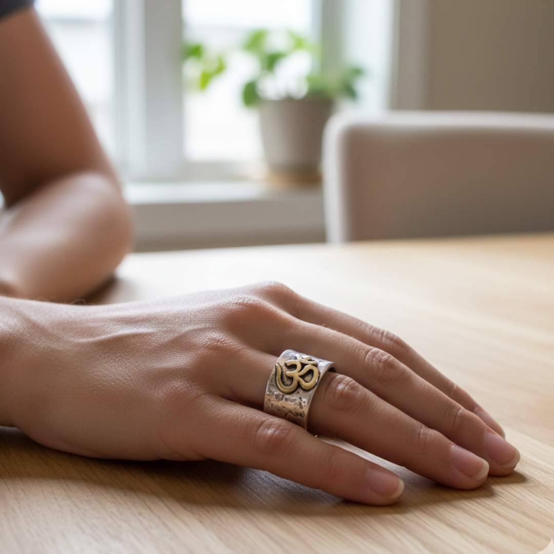 Sterling Silver/Gold Ohm Ring - Sz 8 - Peace and Elegance