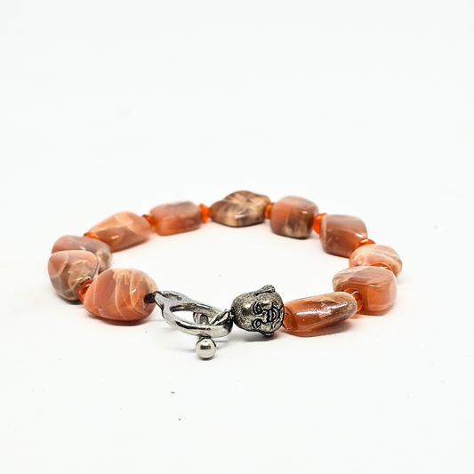 Sunstone Bracelet with Carnelian Spacers and Buddha Charm/Closure