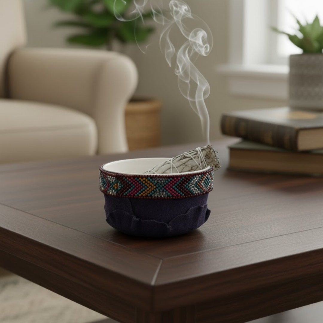 Beaded Ceramic Smudge Bowl – 4"