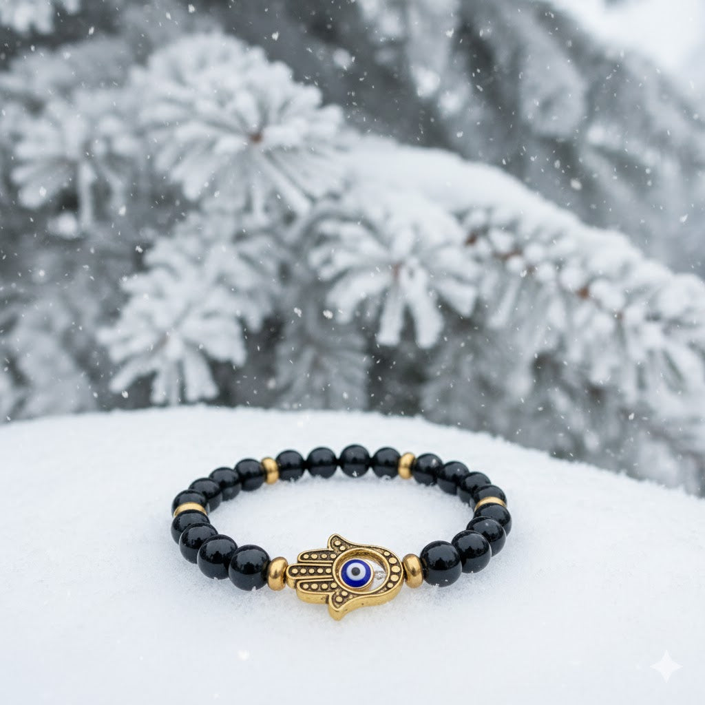 Black Tourmaline Bracelet with Gold Hamsa Charm – Protection, Strength & Grounding for the Winter Season