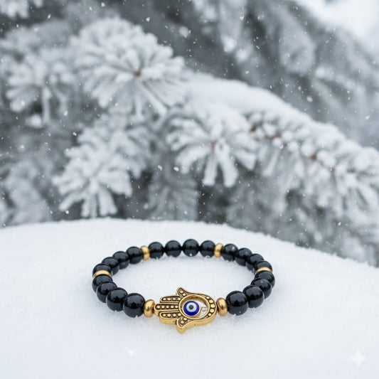 Black Tourmaline Bracelet with Gold Hamsa Charm – Protection, Strength & Grounding for the Winter Season