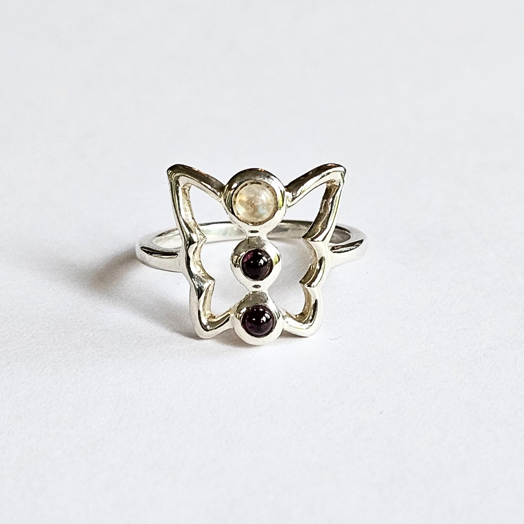 Moonstone & Garnet Butterfly Ring - Sz 6