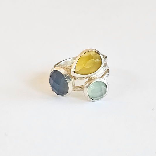 Aquamarine, Blue & Yellow Chalcedony Ring - Sz 6