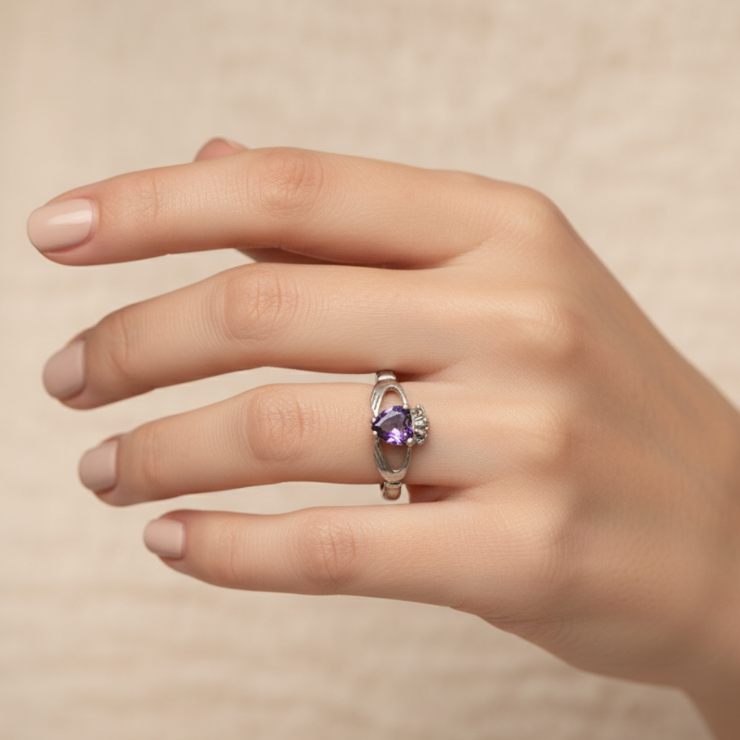 Amethyst/White Topaz Claddagh Ring - Sz 9 - Love and Spirituality