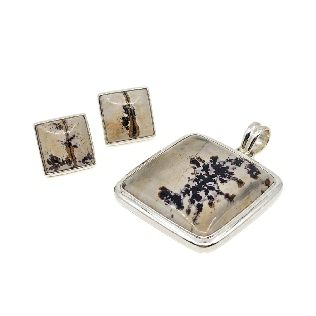 Dendritic Agate Sterling Silver Sterling Square Pendant & Earring Set