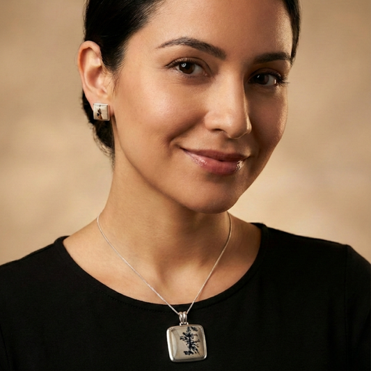 Dendritic Agate Sterling Silver Sterling Square Pendant & Earring Set