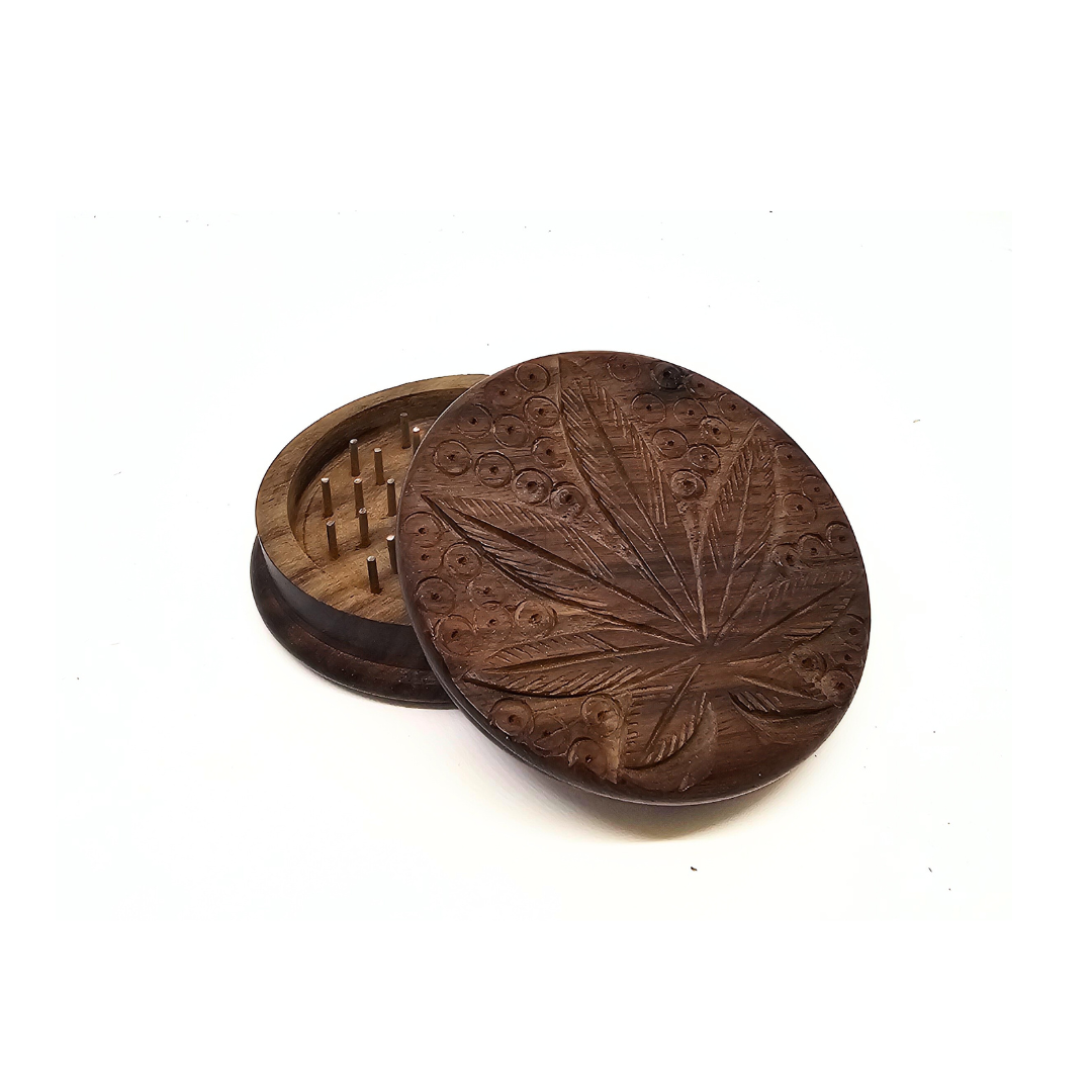 Carved Marijuana Leaf Wooden Herb Grinder – 3"
