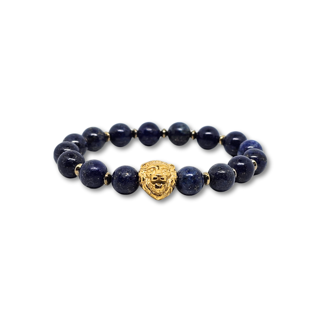 Lapis Lazuli Bracelet with Gold Spacers and Lion's Head Charm