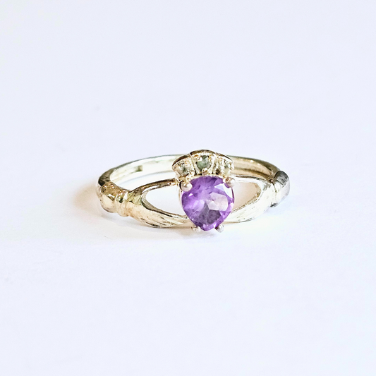 Amethyst/White Topaz Claddagh Ring - Sz 9