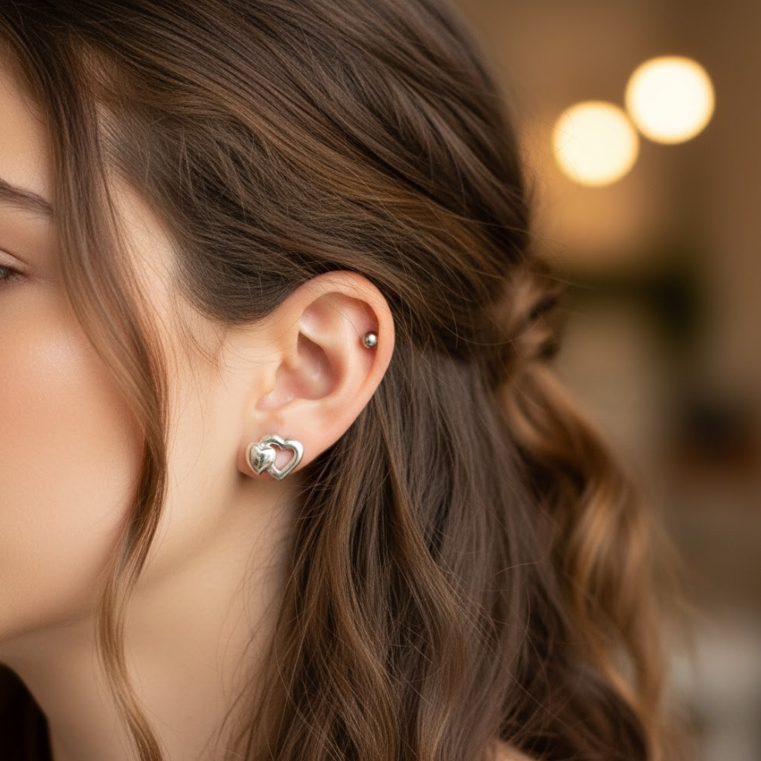 Sterling Silver Double Heart Studded Earrings