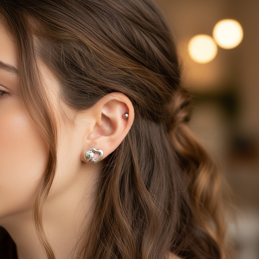 Sterling Silver Double Heart Studded Earrings