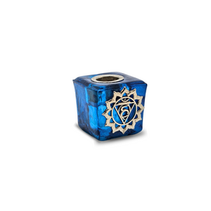 Throat Chakra Mini Glass Cube Candle Holder with Emblem