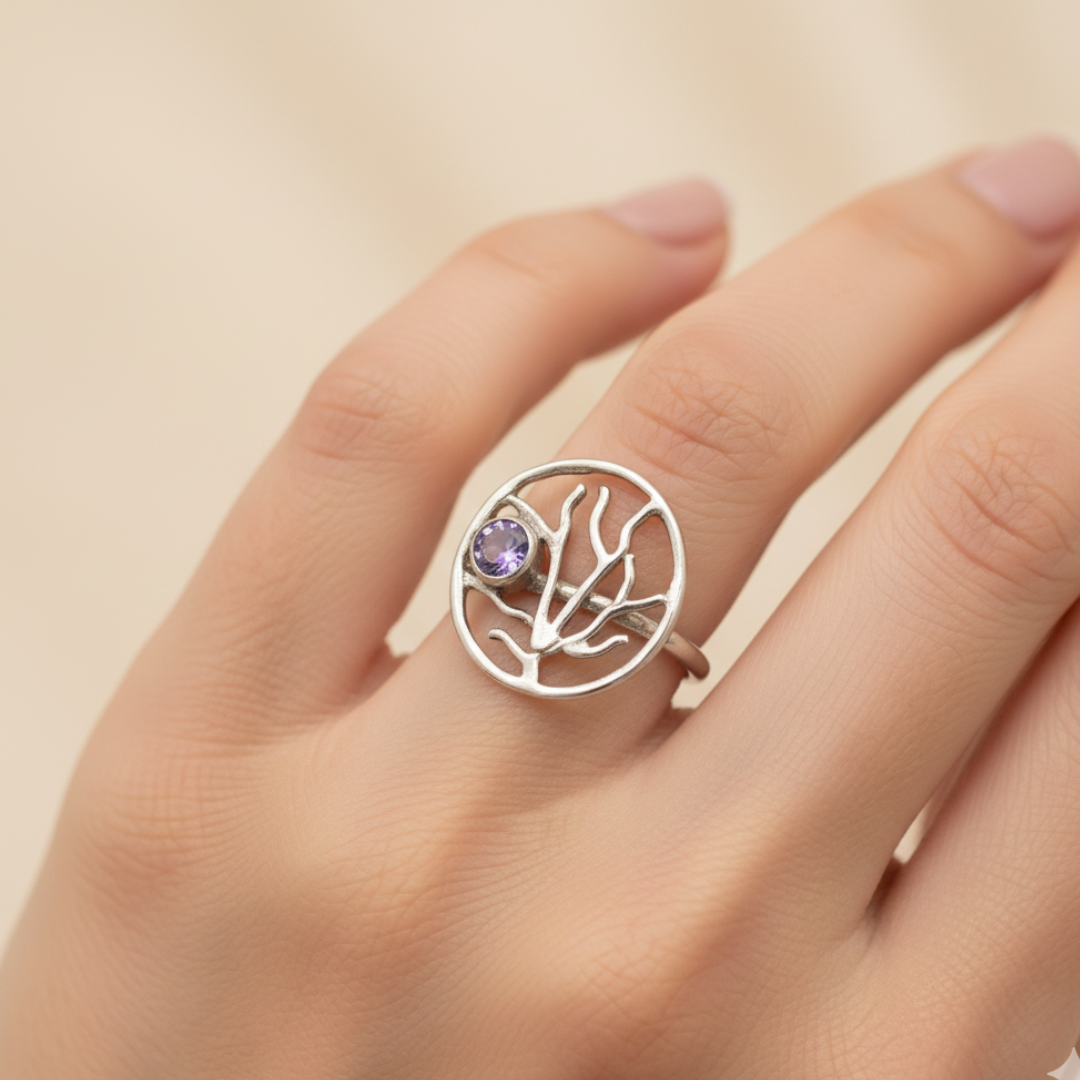 Amethyst Tree of Life Ring - Sz 7 - Interconnectness and Renewal