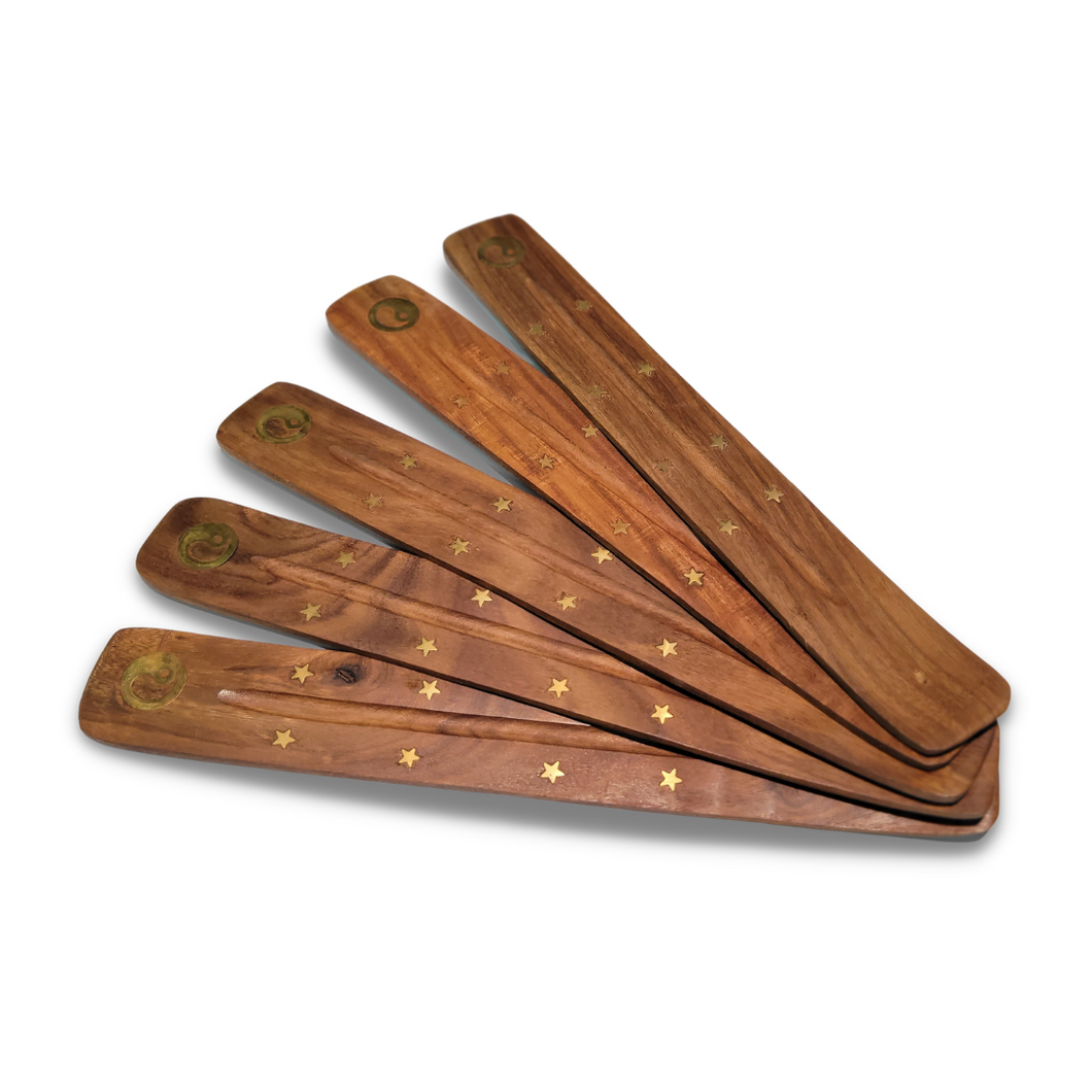 Brass Inlayed Yin-Yang & Stars Wood Incense Burner/Ash Collector