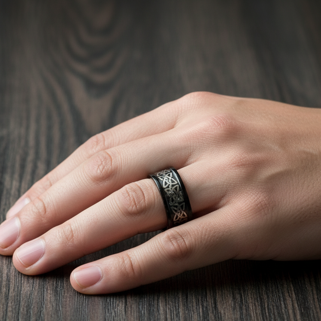Black Enamel Stainless Steel Celtic Ring - Sz 10.5 - Eternity and Interconnectedness