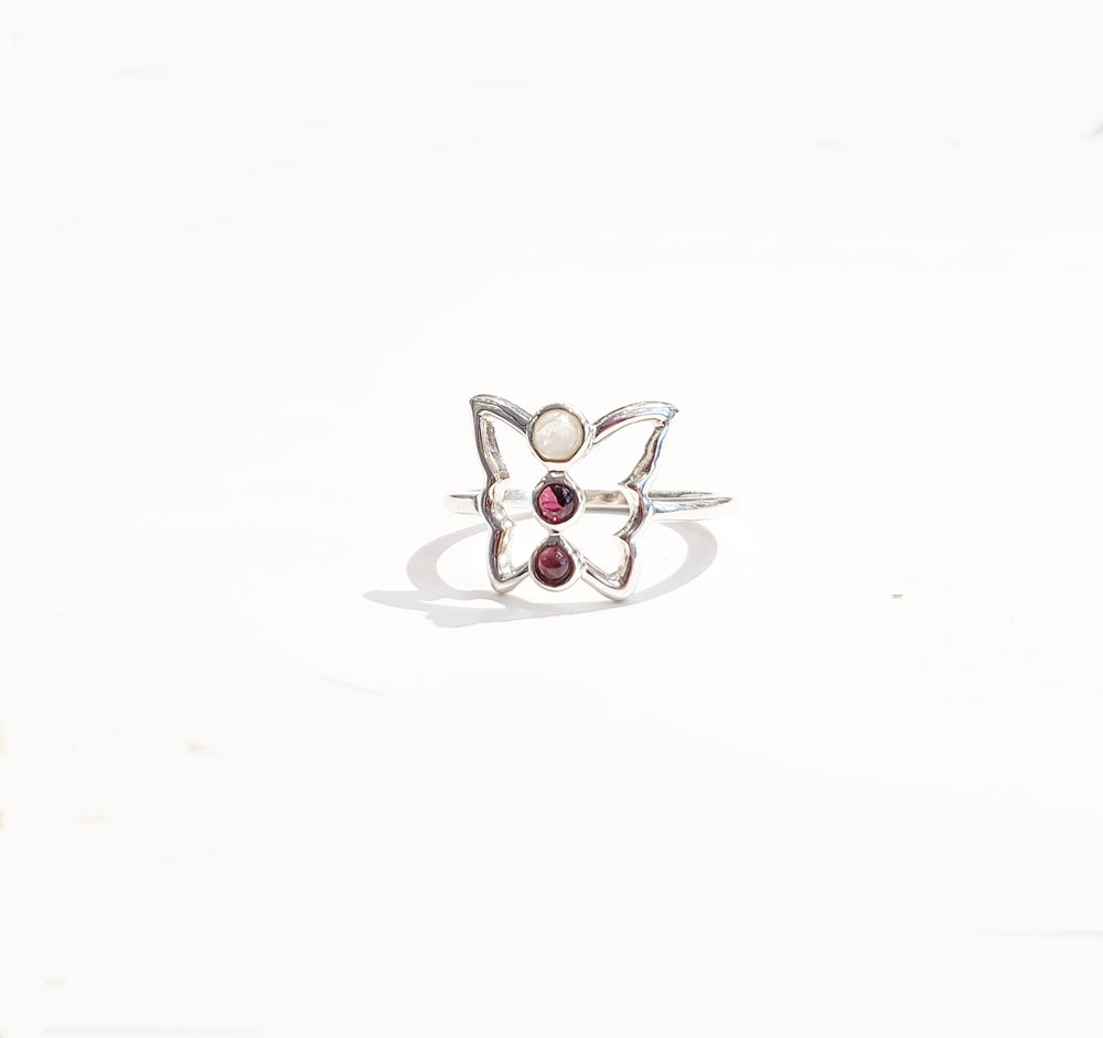 Moonstone & Garnet Butterfly Ring - Sz 6