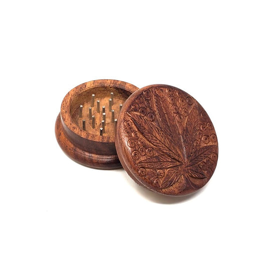 Carved Wooden Marijuana Leaf Herb Grinder